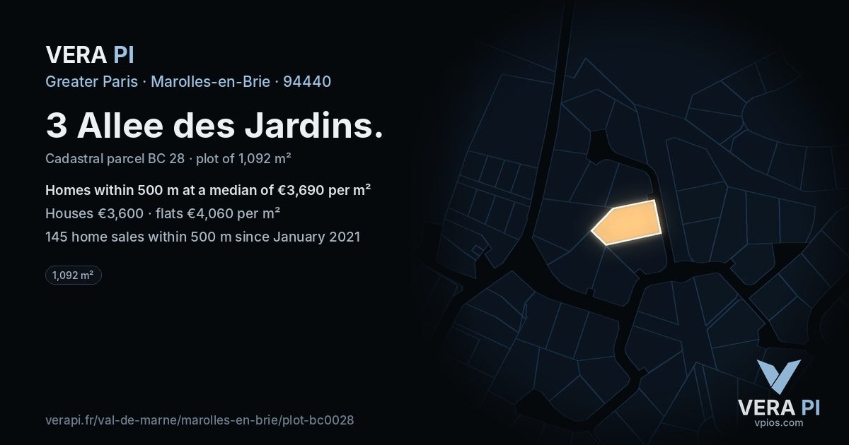 3 Allee des Jardins, Marolles-en-Brie at night – the plot lit, the parcels around coloured by the prices near them