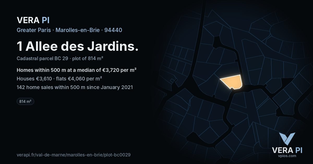 1 Allee des Jardins, Marolles-en-Brie at night – the plot lit, the parcels around coloured by the prices near them