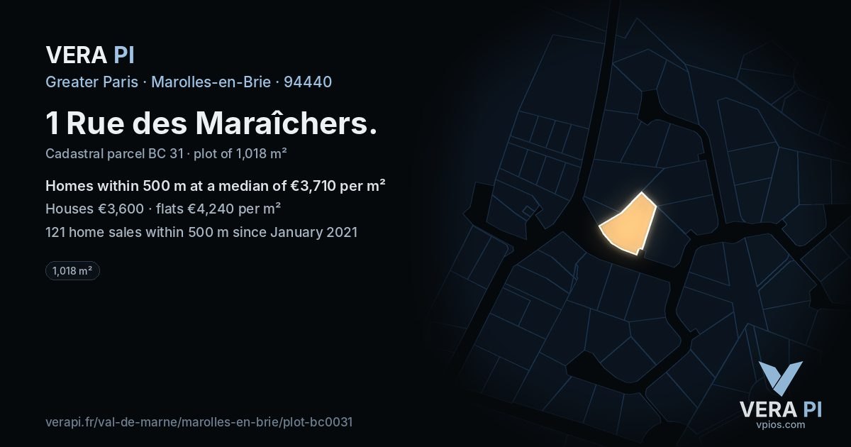 1 Rue des Maraîchers, Marolles-en-Brie at night – the plot lit, the parcels around coloured by the prices near them
