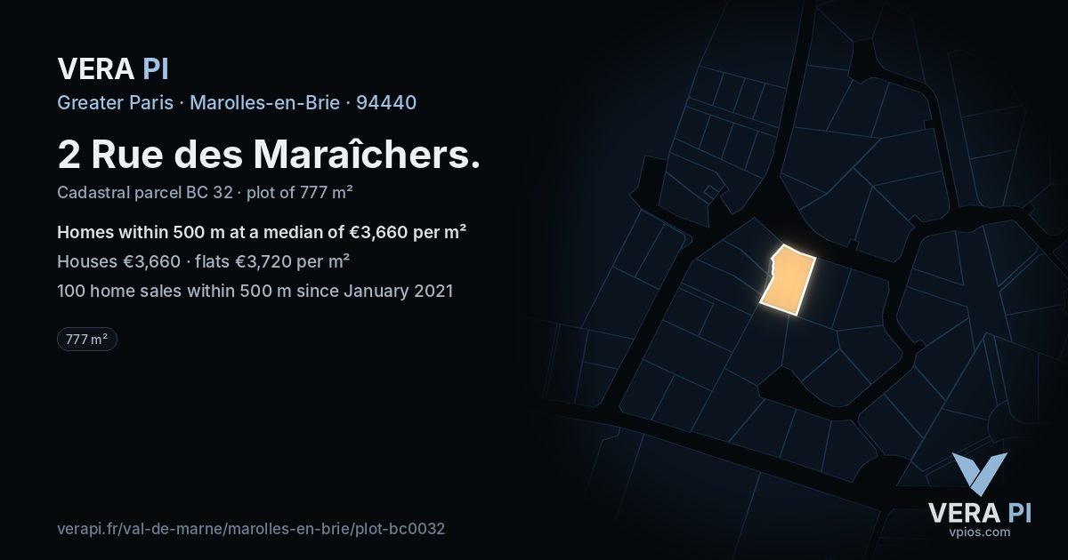 2 Rue des Maraîchers, Marolles-en-Brie at night – the plot lit, the parcels around coloured by the prices near them