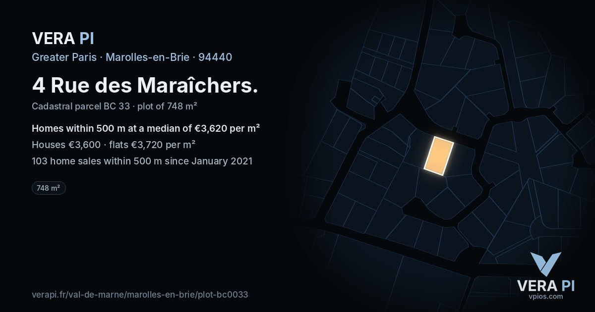 4 Rue des Maraîchers, Marolles-en-Brie at night – the plot lit, the parcels around coloured by the prices near them