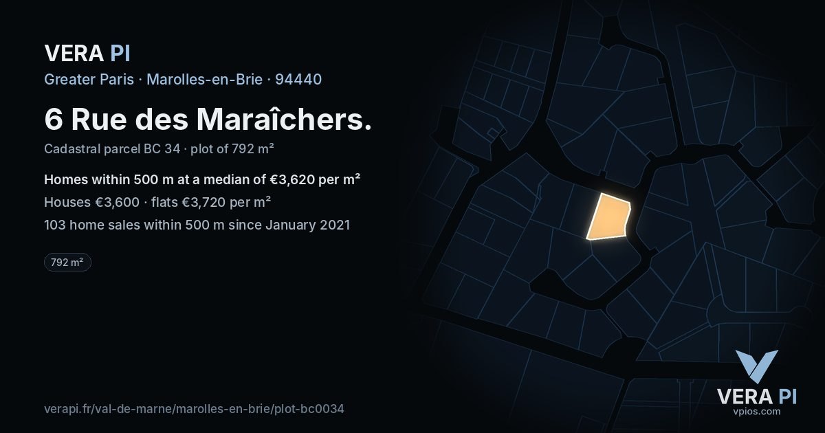 6 Rue des Maraîchers, Marolles-en-Brie at night – the plot lit, the parcels around coloured by the prices near them