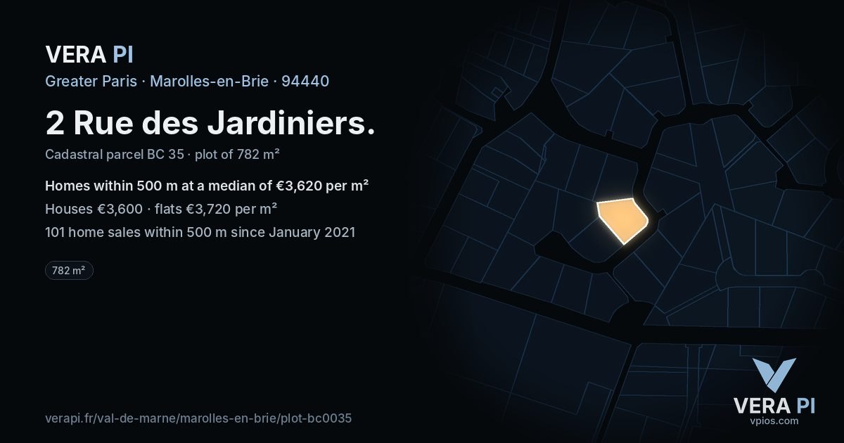 2 Rue des Jardiniers, Marolles-en-Brie at night – the plot lit, the parcels around coloured by the prices near them