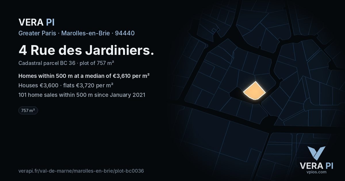 4 Rue des Jardiniers, Marolles-en-Brie at night – the plot lit, the parcels around coloured by the prices near them