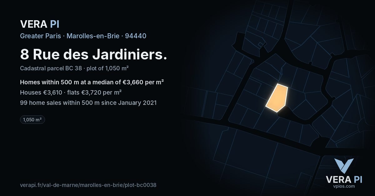 8 Rue des Jardiniers, Marolles-en-Brie at night – the plot lit, the parcels around coloured by the prices near them