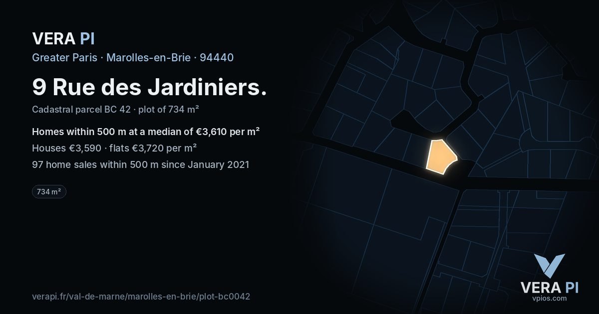 9 Rue des Jardiniers, Marolles-en-Brie at night – the plot lit, the parcels around coloured by the prices near them