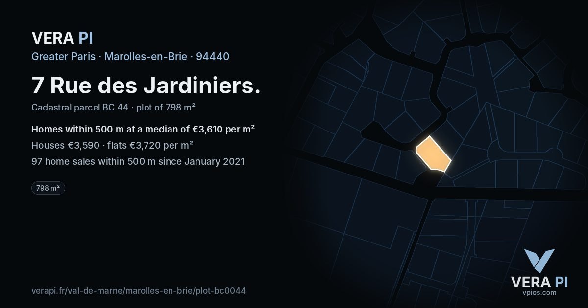 7 Rue des Jardiniers, Marolles-en-Brie at night – the plot lit, the parcels around coloured by the prices near them