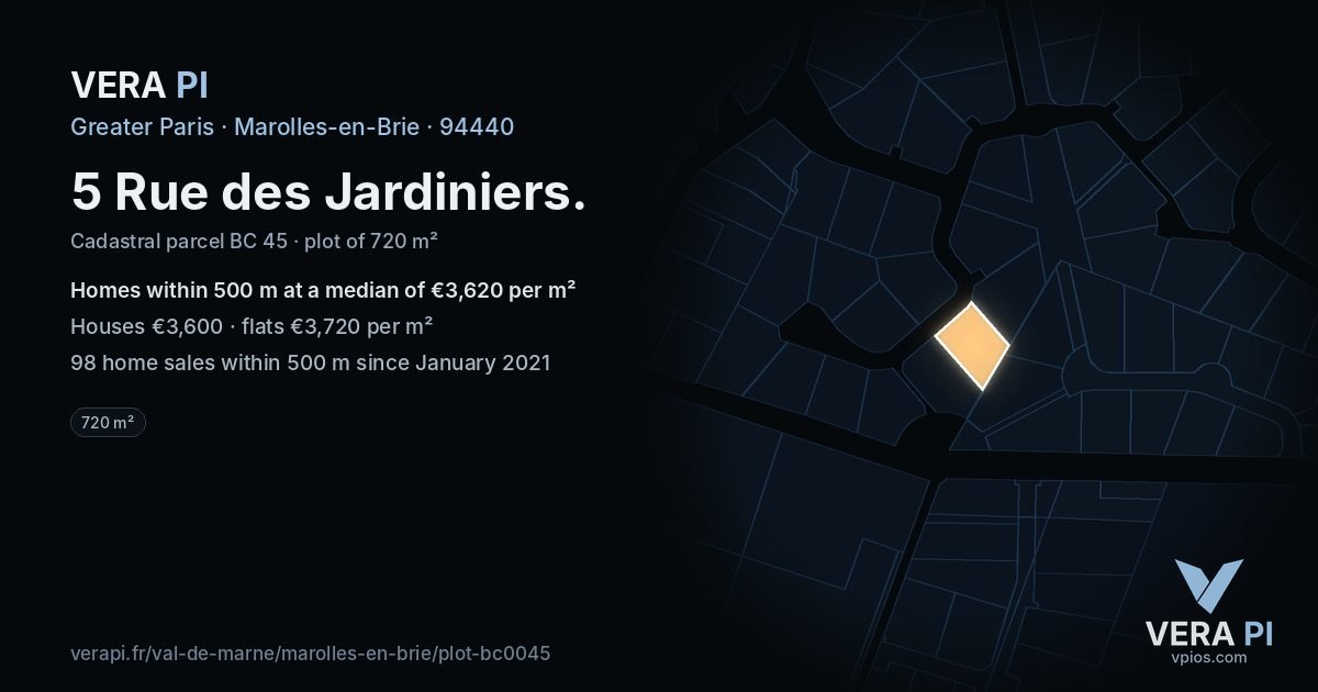 5 Rue des Jardiniers, Marolles-en-Brie at night – the plot lit, the parcels around coloured by the prices near them