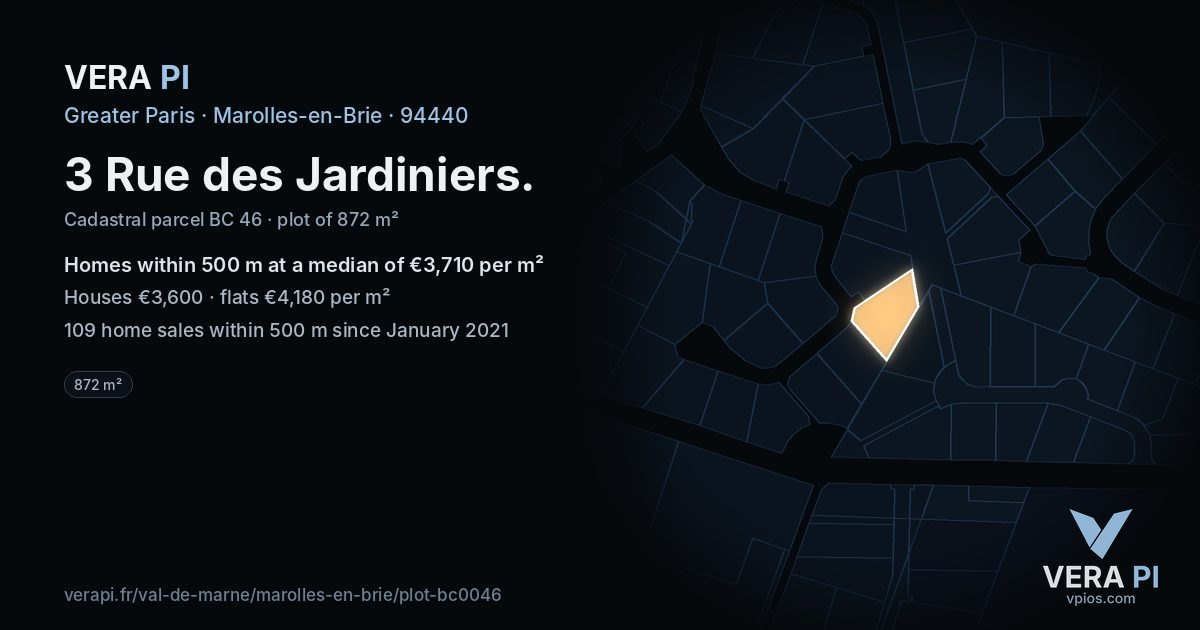 3 Rue des Jardiniers, Marolles-en-Brie at night – the plot lit, the parcels around coloured by the prices near them