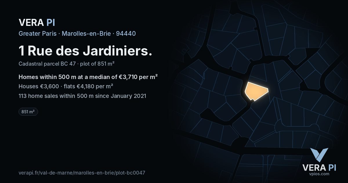 1 Rue des Jardiniers, Marolles-en-Brie at night – the plot lit, the parcels around coloured by the prices near them