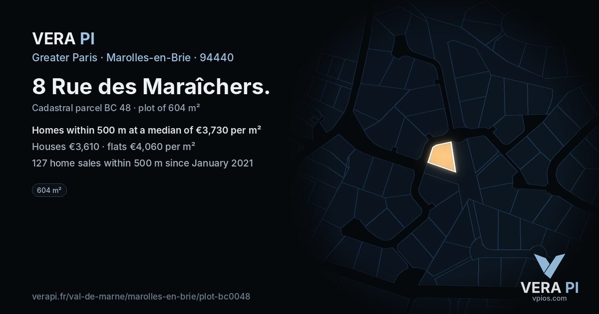 8 Rue des Maraîchers, Marolles-en-Brie at night – the plot lit, the parcels around coloured by the prices near them