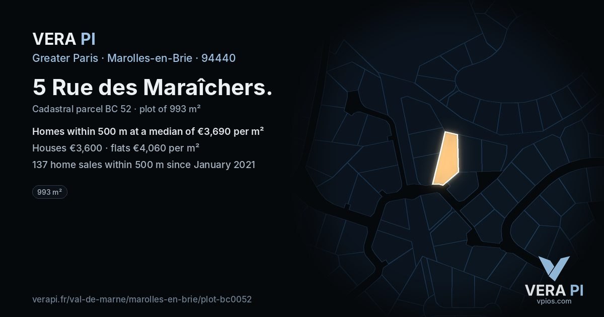 5 Rue des Maraîchers, Marolles-en-Brie at night – the plot lit, the parcels around coloured by the prices near them