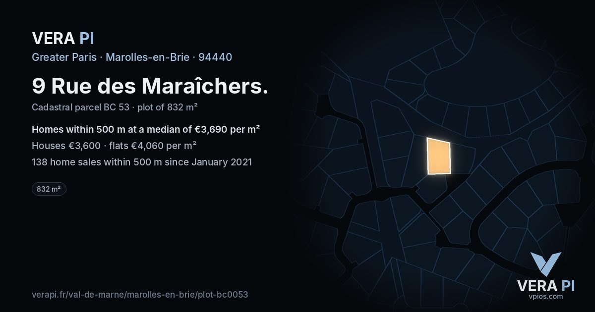 9 Rue des Maraîchers, Marolles-en-Brie at night – the plot lit, the parcels around coloured by the prices near them