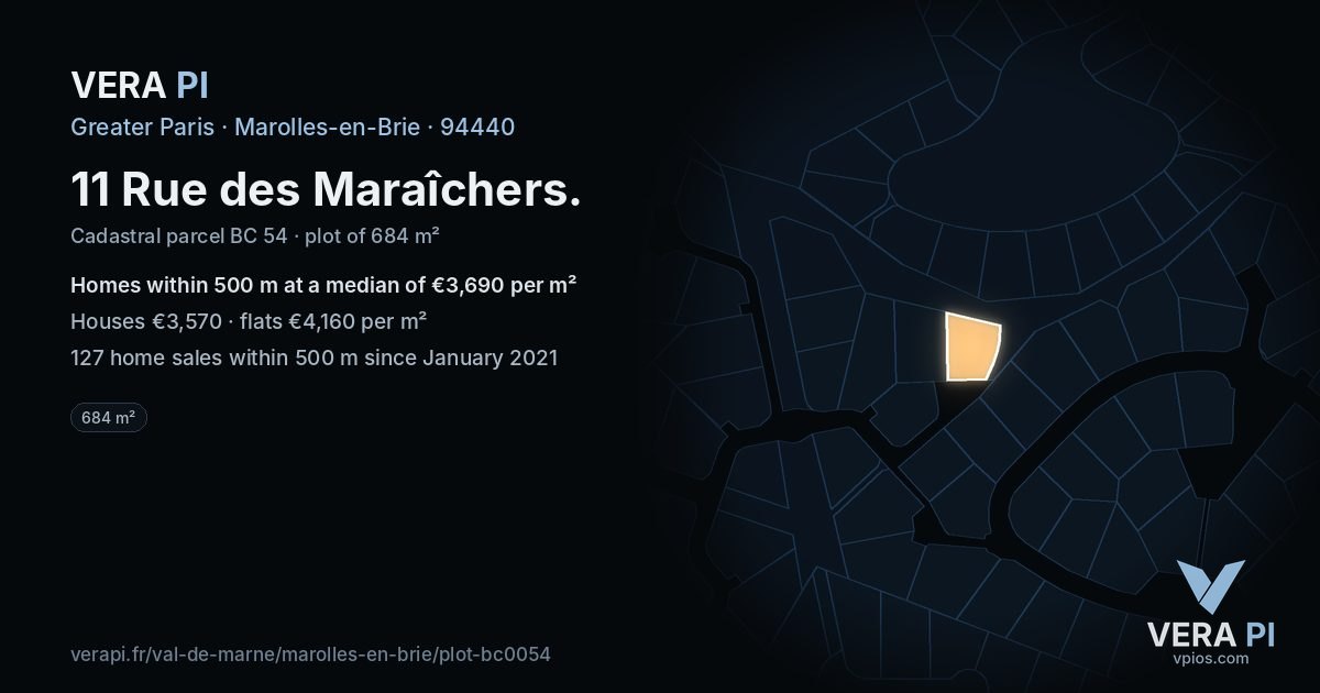 11 Rue des Maraîchers, Marolles-en-Brie at night – the plot lit, the parcels around coloured by the prices near them