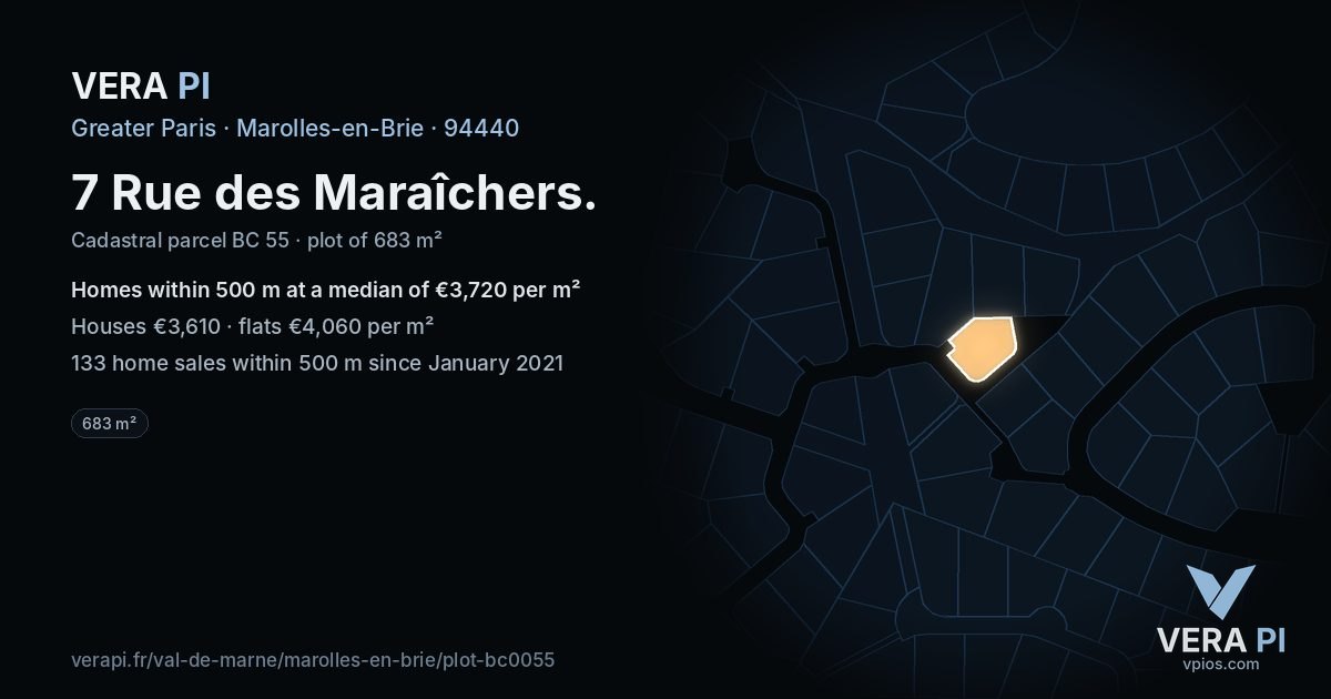 7 Rue des Maraîchers, Marolles-en-Brie at night – the plot lit, the parcels around coloured by the prices near them
