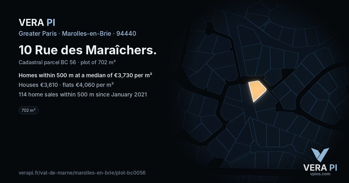 10 Rue des Maraîchers, Marolles-en-Brie at night – the plot lit, the parcels around coloured by the prices near them