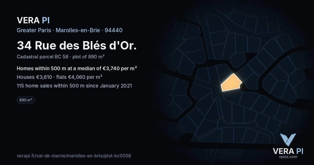 34 Rue des Blés d'Or, Marolles-en-Brie at night – the plot lit, the parcels around coloured by the prices near them