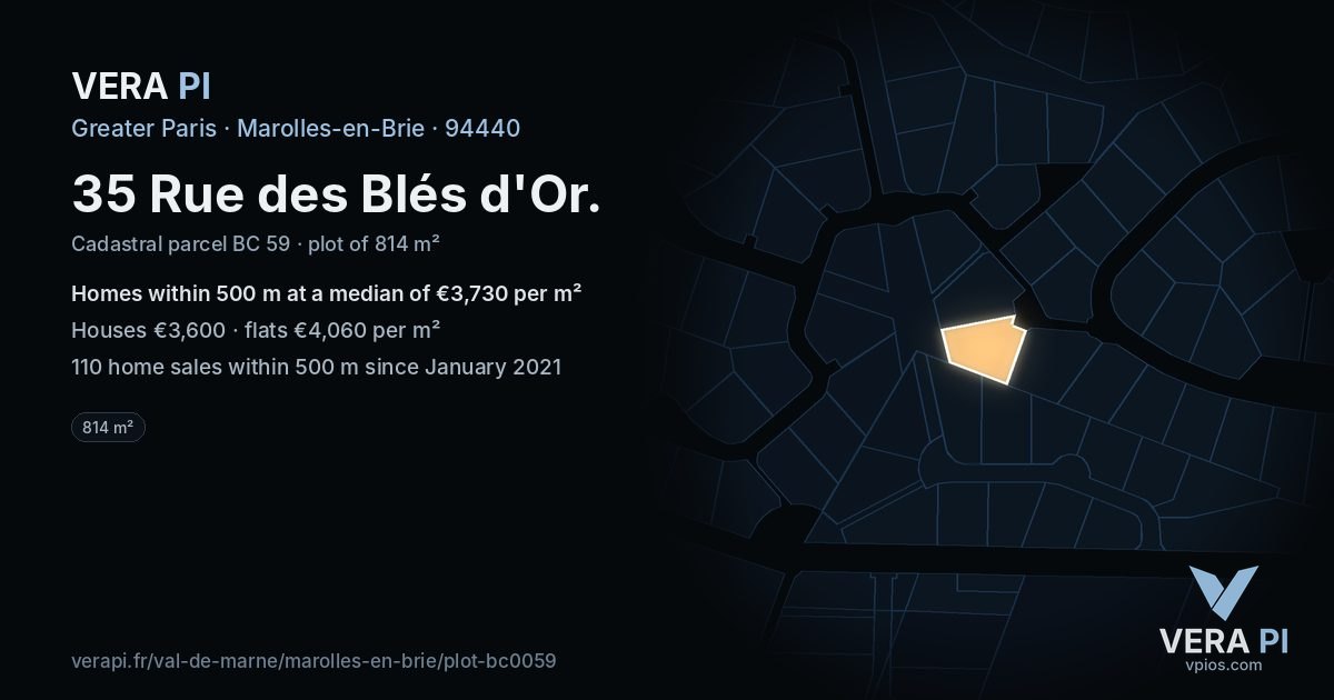 35 Rue des Blés d'Or, Marolles-en-Brie at night – the plot lit, the parcels around coloured by the prices near them