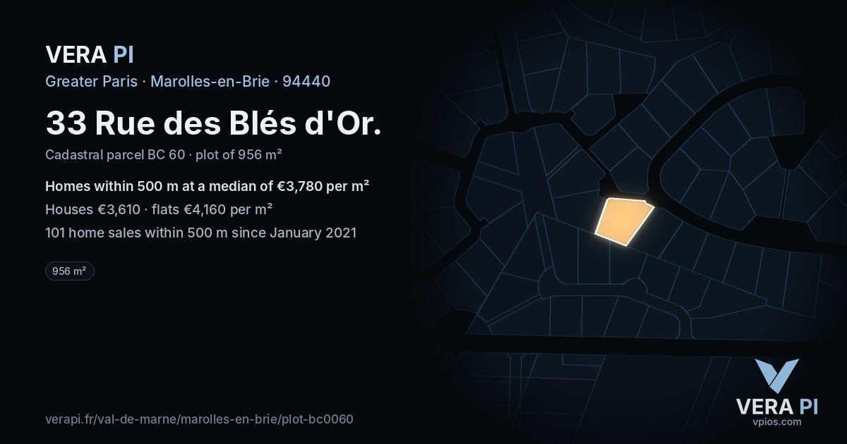 33 Rue des Blés d'Or, Marolles-en-Brie at night – the plot lit, the parcels around coloured by the prices near them