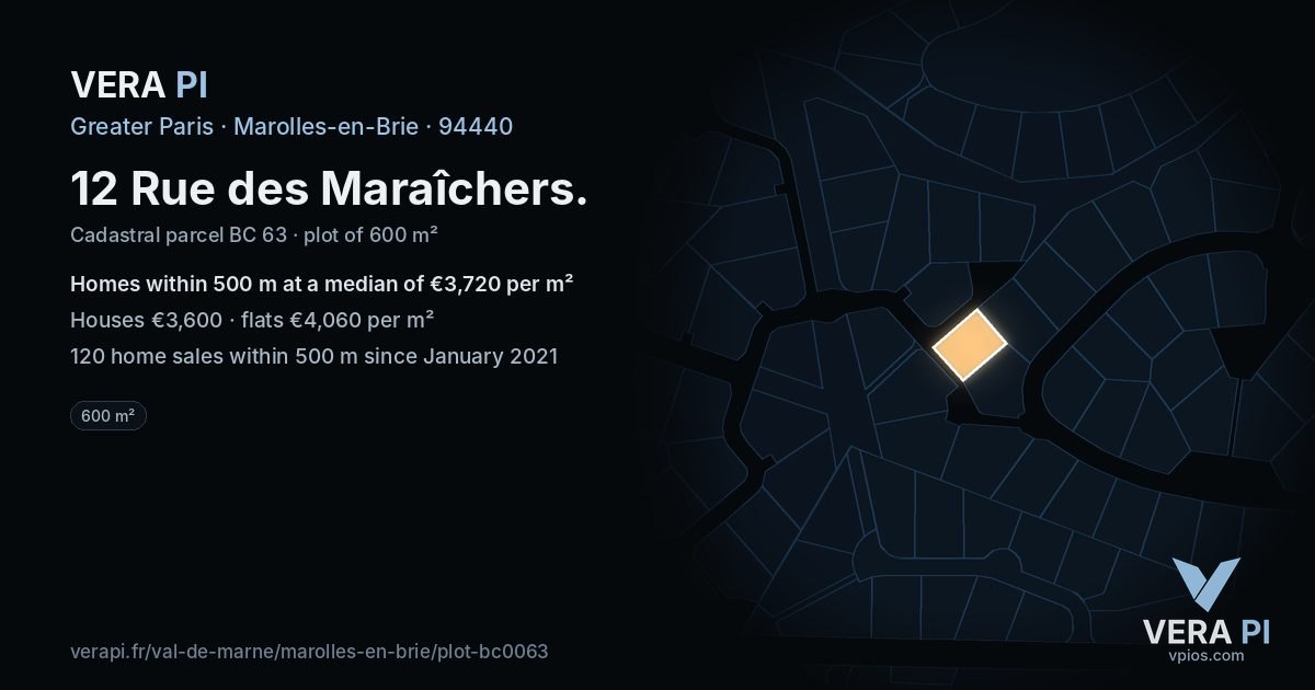 12 Rue des Maraîchers, Marolles-en-Brie at night – the plot lit, the parcels around coloured by the prices near them