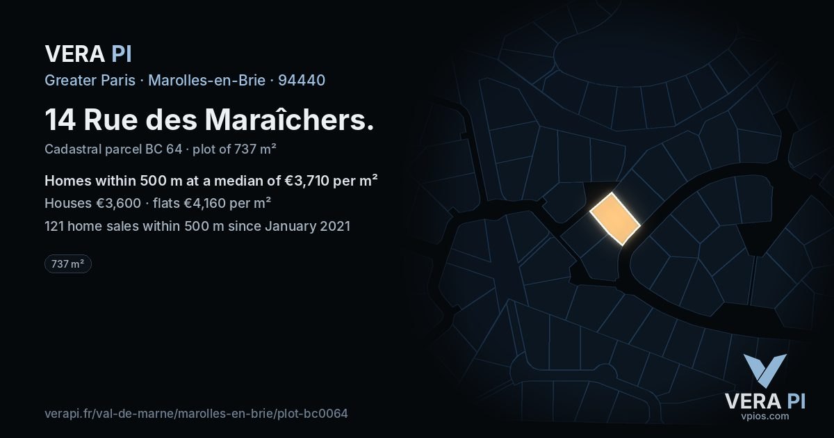 14 Rue des Maraîchers, Marolles-en-Brie at night – the plot lit, the parcels around coloured by the prices near them