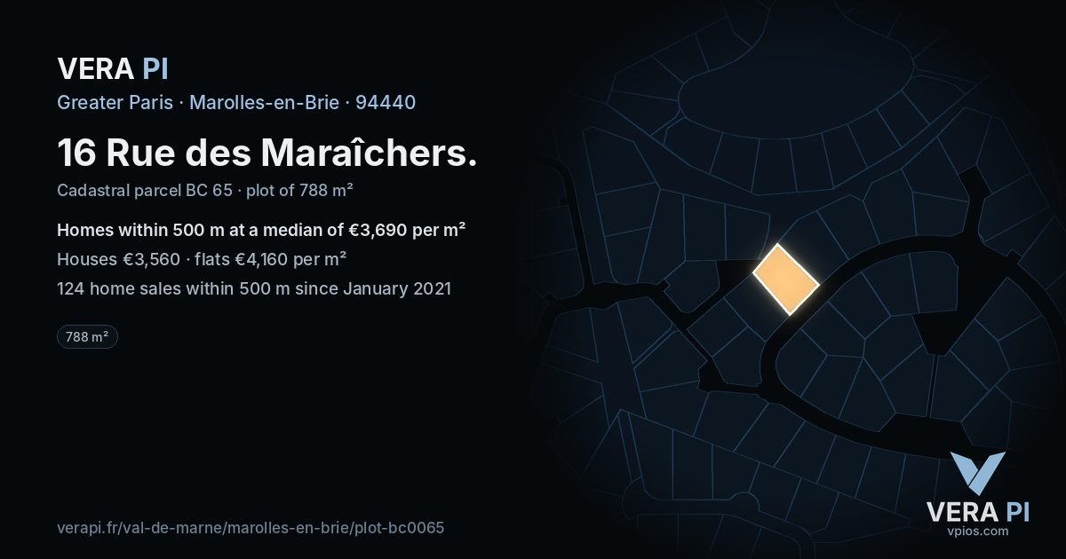 16 Rue des Maraîchers, Marolles-en-Brie at night – the plot lit, the parcels around coloured by the prices near them