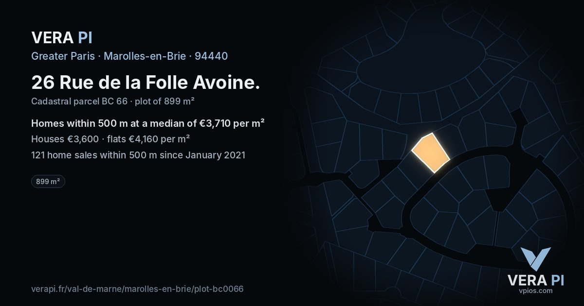 26 Rue de la Folle Avoine, Marolles-en-Brie at night – the plot lit, the parcels around coloured by the prices near them