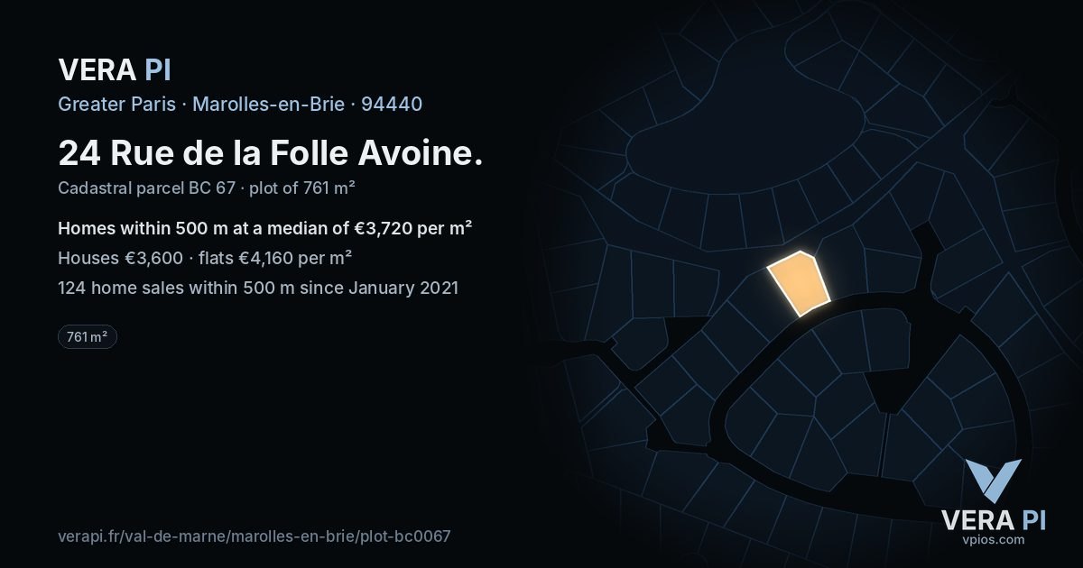 24 Rue de la Folle Avoine, Marolles-en-Brie at night – the plot lit, the parcels around coloured by the prices near them