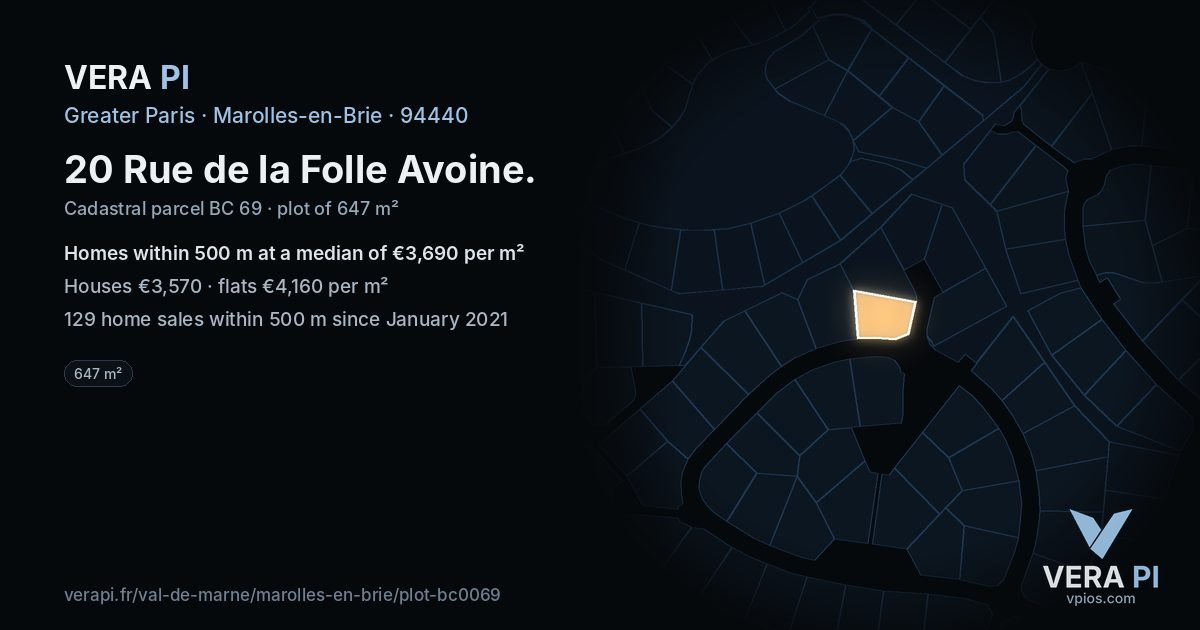20 Rue de la Folle Avoine, Marolles-en-Brie at night – the plot lit, the parcels around coloured by the prices near them