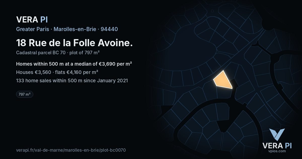 18 Rue de la Folle Avoine, Marolles-en-Brie at night – the plot lit, the parcels around coloured by the prices near them