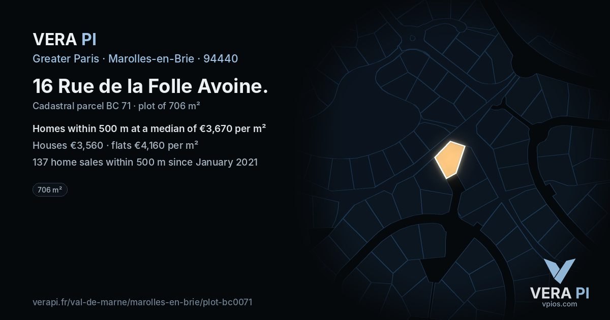 16 Rue de la Folle Avoine, Marolles-en-Brie at night – the plot lit, the parcels around coloured by the prices near them