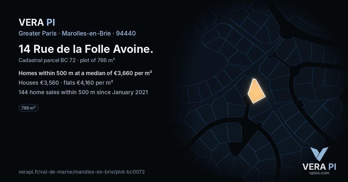 14 Rue de la Folle Avoine, Marolles-en-Brie at night – the plot lit, the parcels around coloured by the prices near them