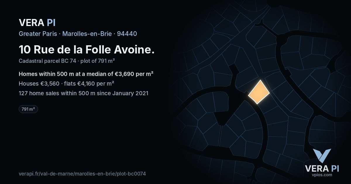 10 Rue de la Folle Avoine, Marolles-en-Brie at night – the plot lit, the parcels around coloured by the prices near them