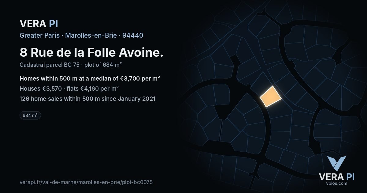 8 Rue de la Folle Avoine, Marolles-en-Brie at night – the plot lit, the parcels around coloured by the prices near them