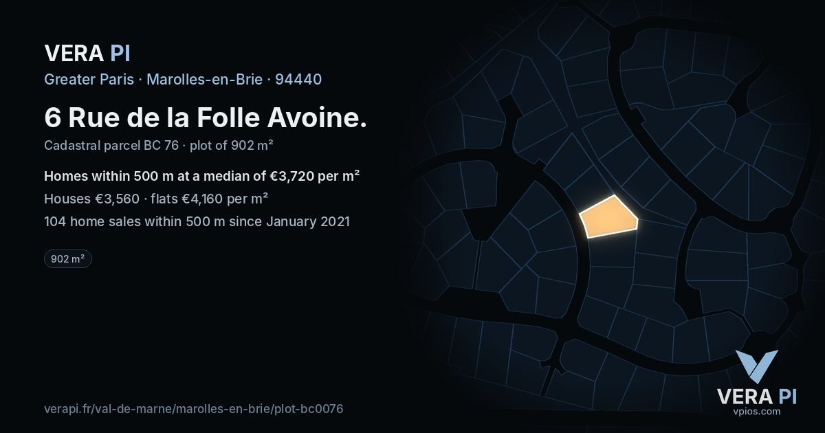 6 Rue de la Folle Avoine, Marolles-en-Brie at night – the plot lit, the parcels around coloured by the prices near them