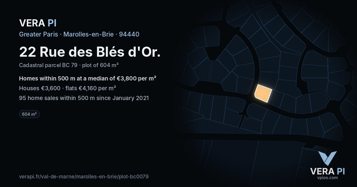 22 Rue des Blés d'Or, Marolles-en-Brie at night – the plot lit, the parcels around coloured by the prices near them