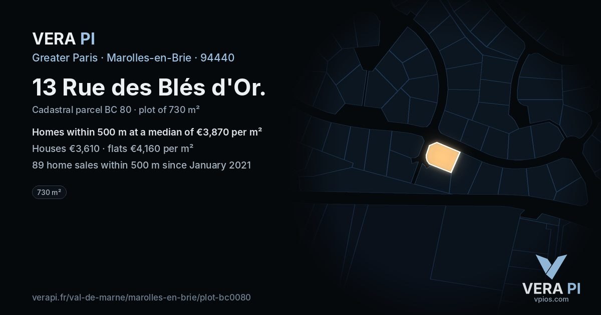 13 Rue des Blés d'Or, Marolles-en-Brie at night – the plot lit, the parcels around coloured by the prices near them