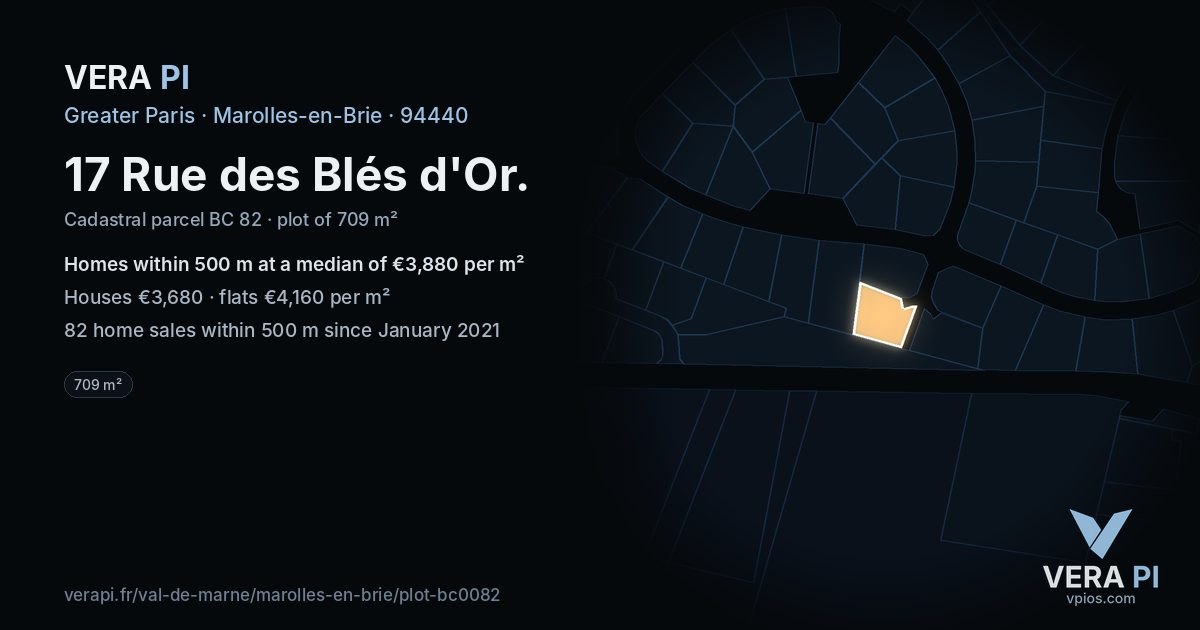 17 Rue des Blés d'Or, Marolles-en-Brie at night – the plot lit, the parcels around coloured by the prices near them