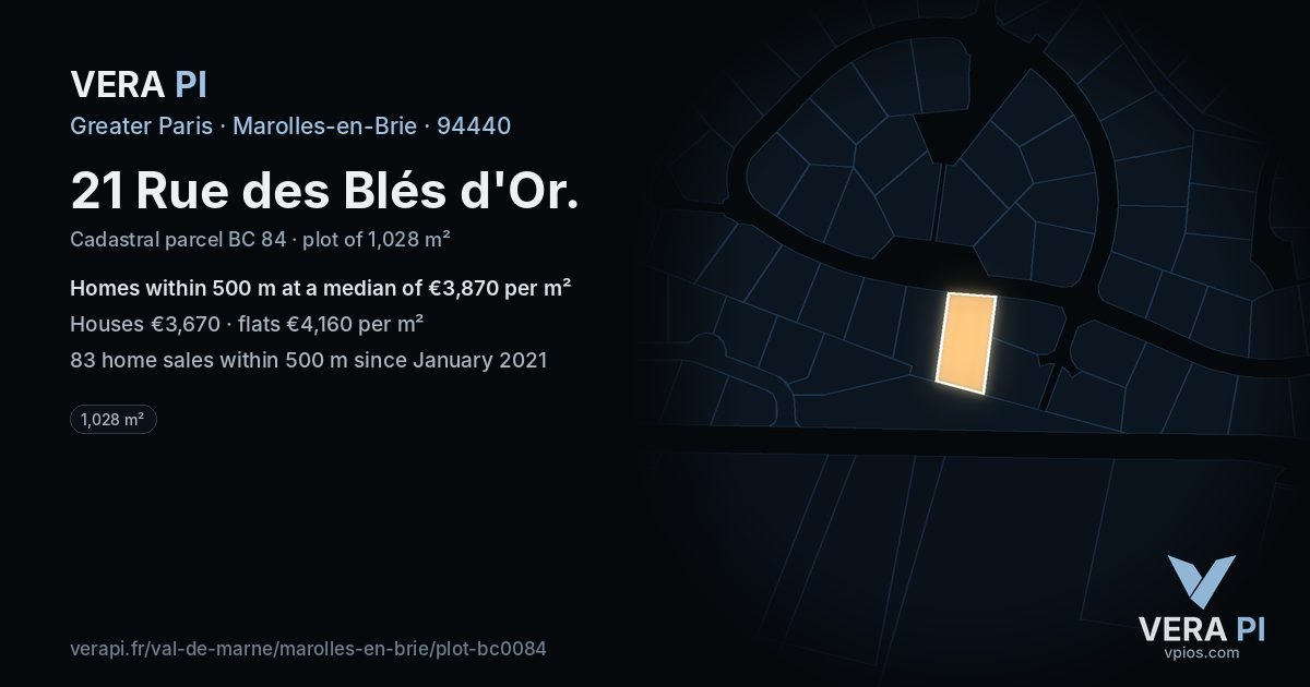 21 Rue des Blés d'Or, Marolles-en-Brie at night – the plot lit, the parcels around coloured by the prices near them