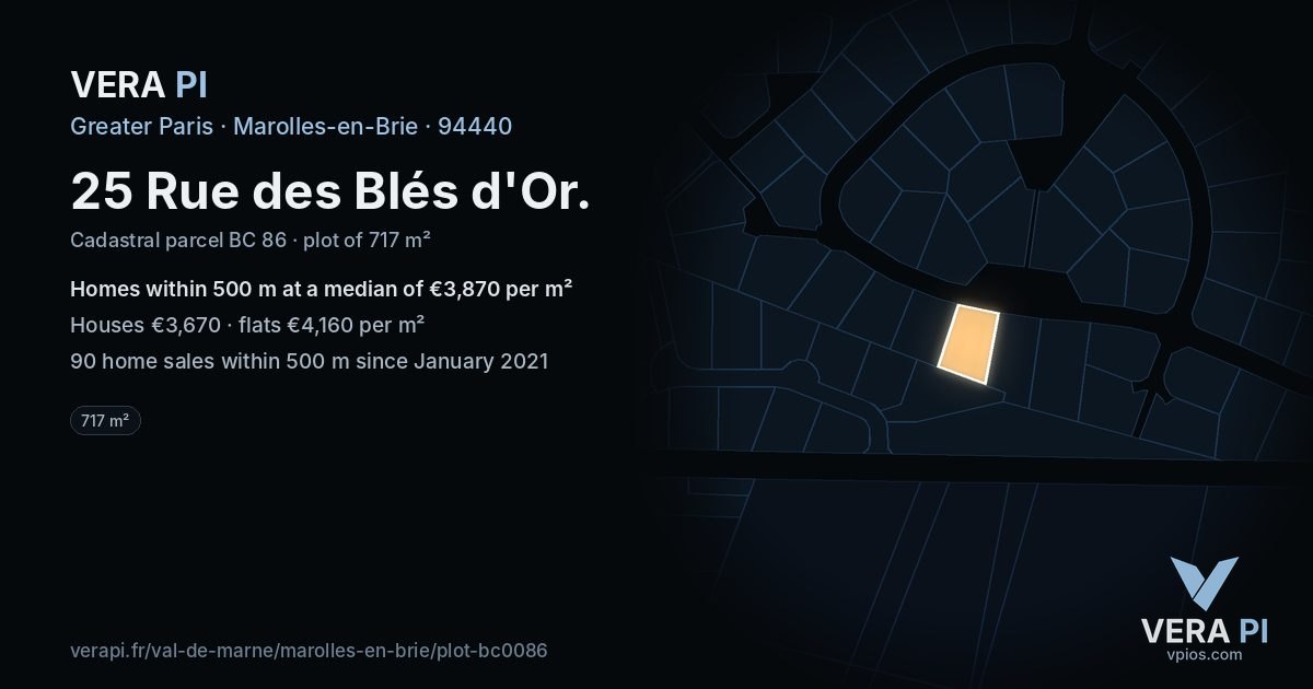 25 Rue des Blés d'Or, Marolles-en-Brie at night – the plot lit, the parcels around coloured by the prices near them