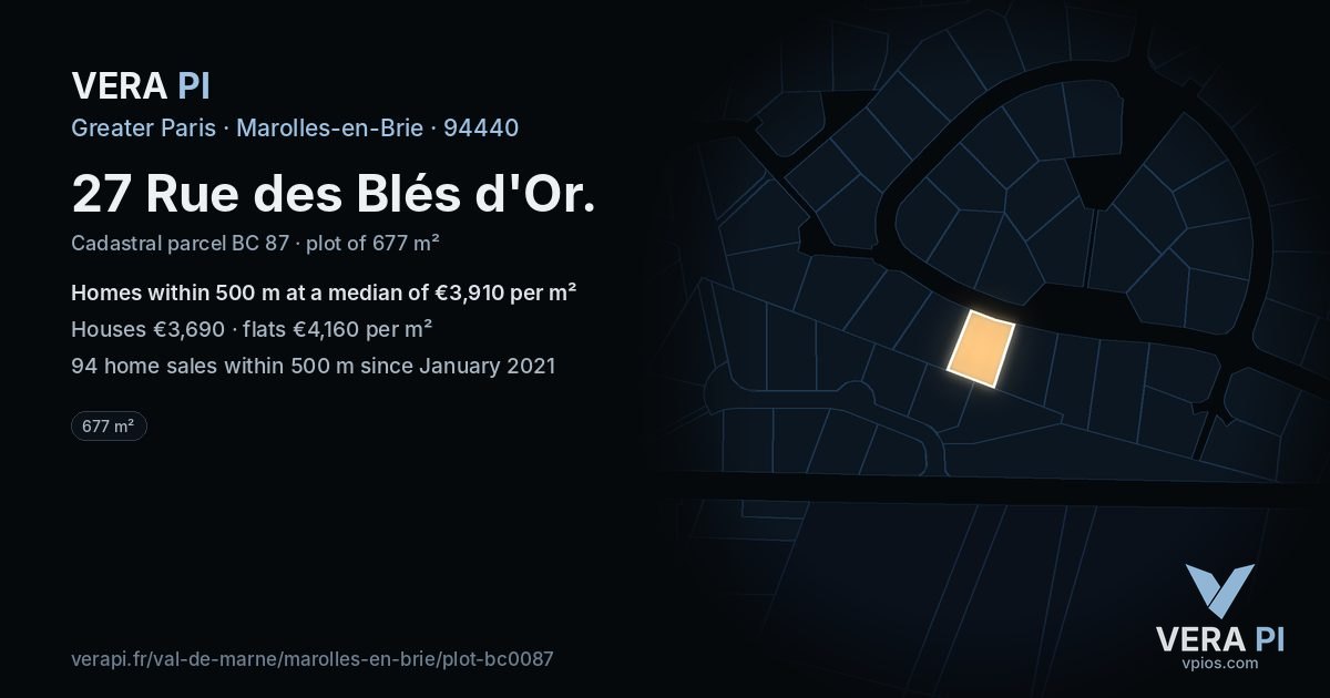 27 Rue des Blés d'Or, Marolles-en-Brie at night – the plot lit, the parcels around coloured by the prices near them