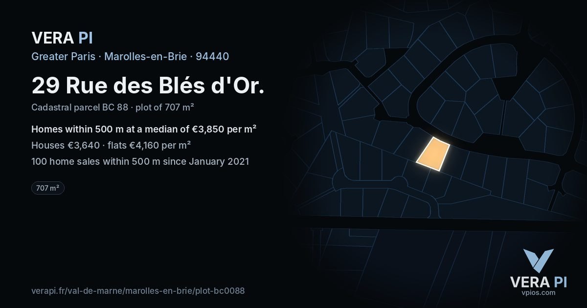 29 Rue des Blés d'Or, Marolles-en-Brie at night – the plot lit, the parcels around coloured by the prices near them