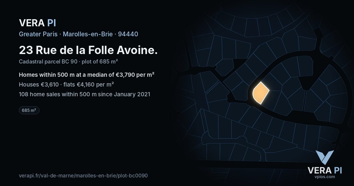 23 Rue de la Folle Avoine, Marolles-en-Brie at night – the plot lit, the parcels around coloured by the prices near them