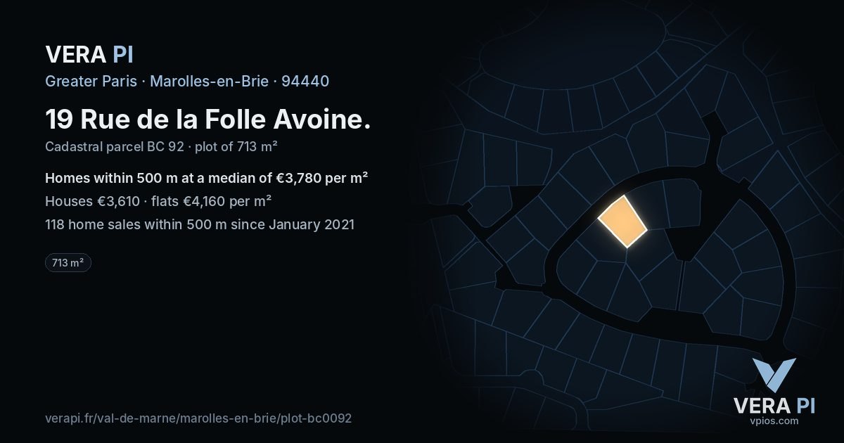 19 Rue de la Folle Avoine, Marolles-en-Brie at night – the plot lit, the parcels around coloured by the prices near them