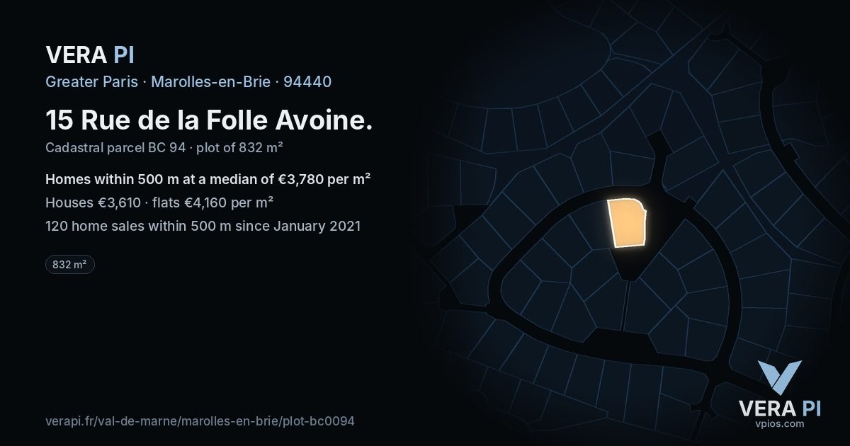 15 Rue de la Folle Avoine, Marolles-en-Brie at night – the plot lit, the parcels around coloured by the prices near them