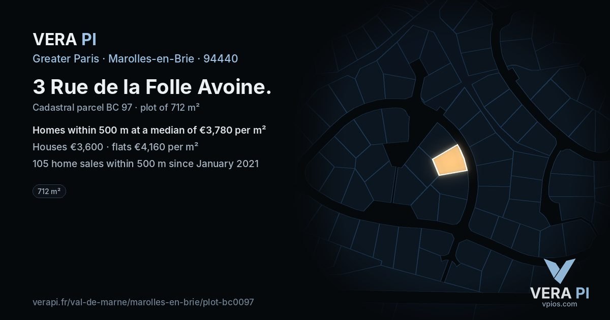 3 Rue de la Folle Avoine, Marolles-en-Brie at night – the plot lit, the parcels around coloured by the prices near them