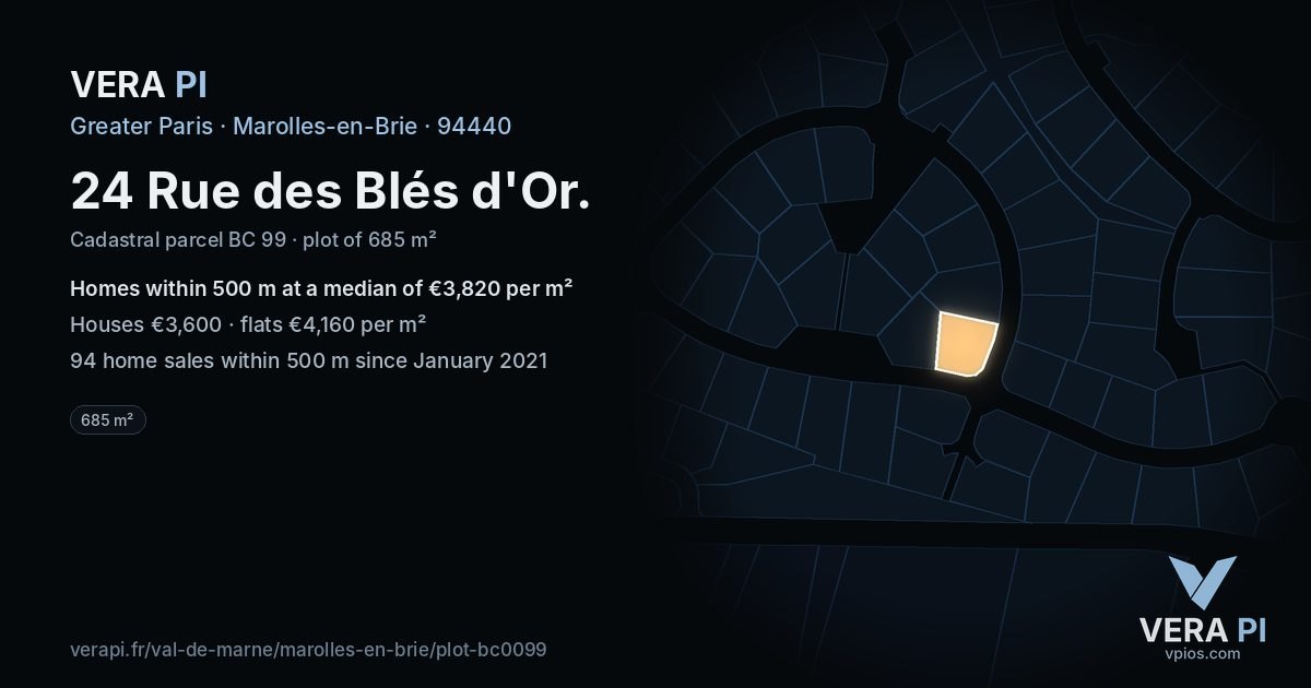 24 Rue des Blés d'Or, Marolles-en-Brie at night – the plot lit, the parcels around coloured by the prices near them
