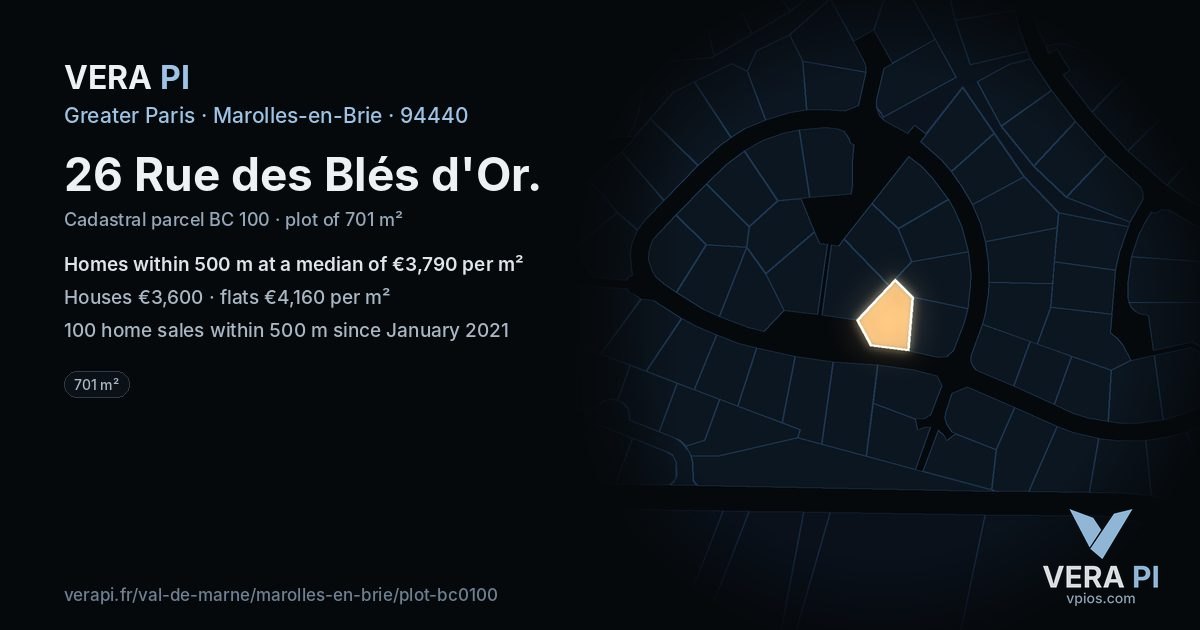 26 Rue des Blés d'Or, Marolles-en-Brie at night – the plot lit, the parcels around coloured by the prices near them