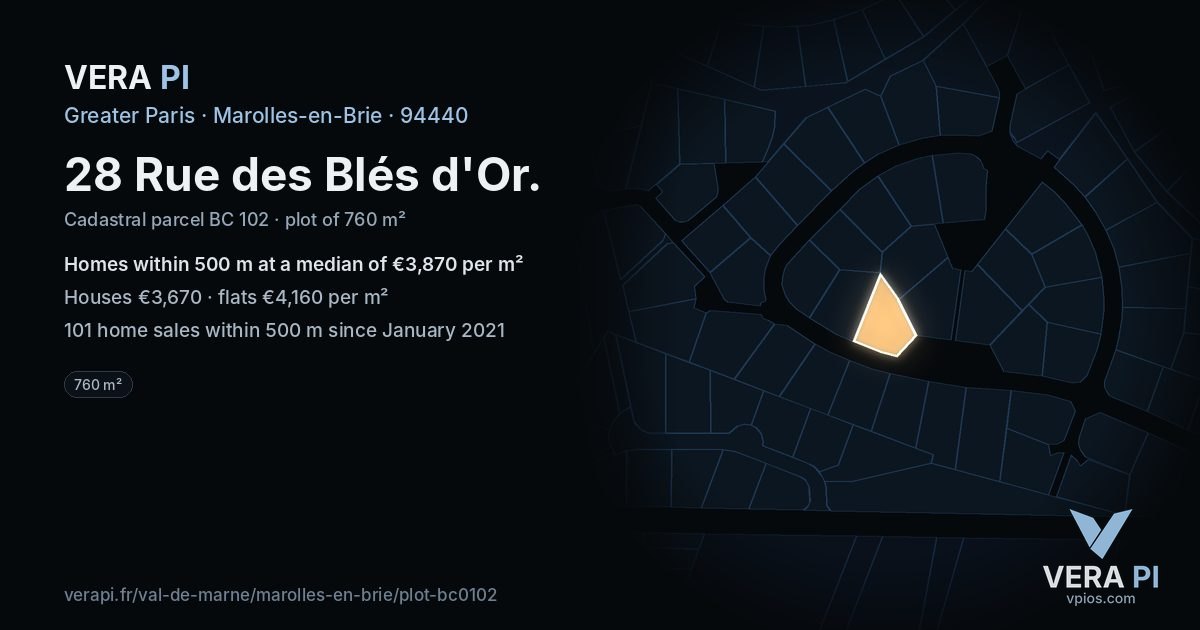 28 Rue des Blés d'Or, Marolles-en-Brie at night – the plot lit, the parcels around coloured by the prices near them