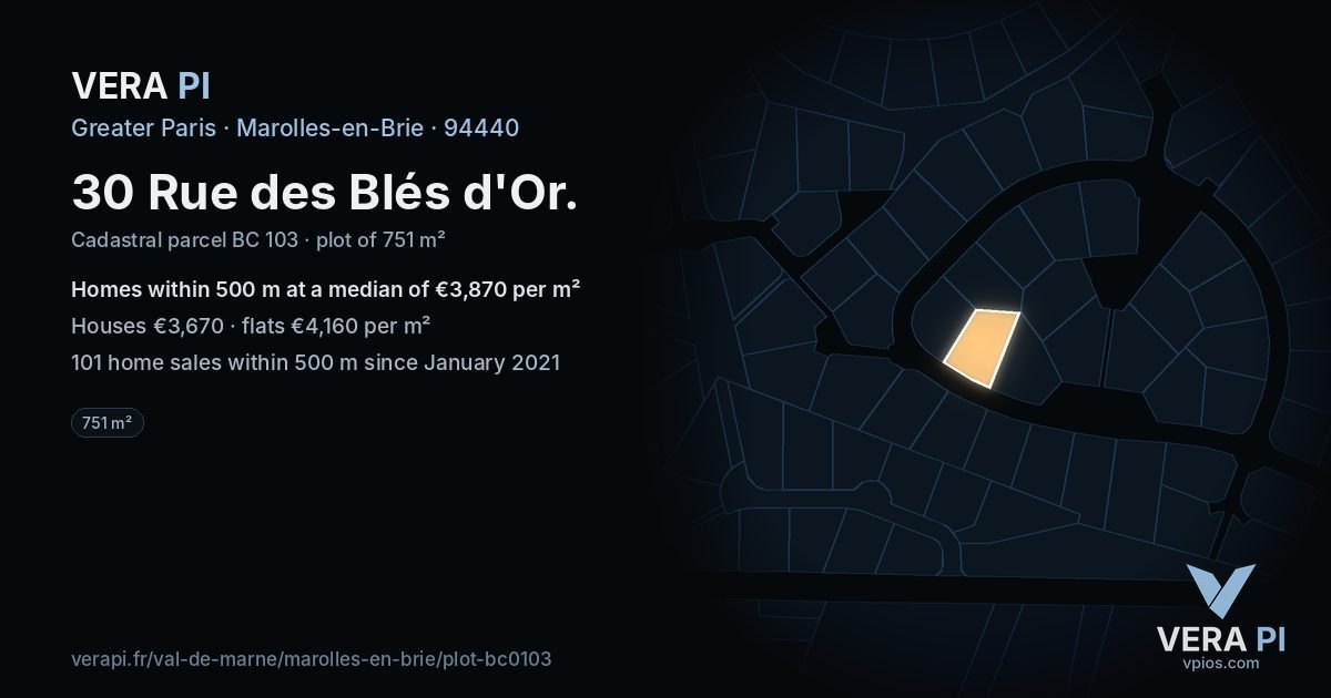 30 Rue des Blés d'Or, Marolles-en-Brie at night – the plot lit, the parcels around coloured by the prices near them